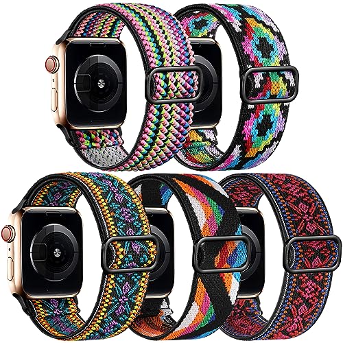 Easuny 5 Pack Stretchy Bands Compatible with Apple Watch 40mm 41mm 42mm 38mm 44mm 45mm 46mm Women, Elastic Fabric Nylon Strap Wristband for iWatch SE 3 2 1 Series 11 10 9 8 7 6 5 4 3 Boho Solo Loop