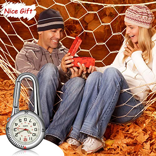 Hicarer 2 Pieces Clip on Quartz Watch Backpack Fob Belt Glow in The Dark Unisex Pocket Watch with White Dial for Doctors Nurses Outdoor Activities(Silver)