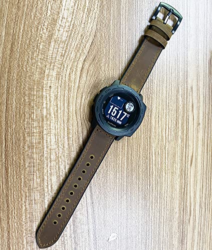 Leather Watch Band for Garmin Instinct/Instinct 2 Solar / Instinct3 45mm, Soft Genuine Leather with Silicone Sweatproof Wrist Strap for Garmin Instinct Tactical/Tide/Esports/Instinct Solar-Max Wrist 8.1"