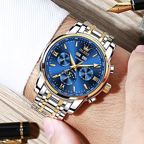 OLEVS Automatic Men Watch Self Winding Mechanical Luxury Dress Moon Phase Stainless Steel Waterproof Luminous Calendar Wrist Watch (Blue)