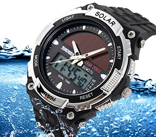 MASTOP Solar Energy Watch led Luminous Indication 2 Time Zone 50m Waterproof Watch(Silver)