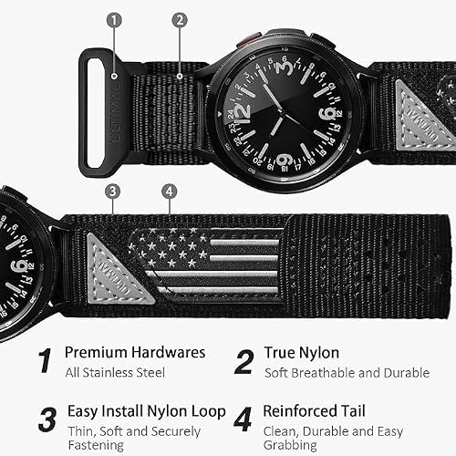 ULTIMAL 20mm Watch Band Compatible with Samsung Galaxy Watch 7 6 5 4 FE/6 4 Classic/5 Pro, Nylon Quick Release Strap Compatible with Garmin Vivoactive 6 5 3/Forerunner 645 55 245 165 (BLACK USA FLAG, L)