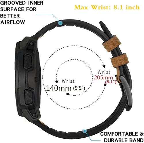 Leather Watch Band for Garmin Instinct/Instinct 2 Solar / Instinct3 45mm, Soft Genuine Leather with Silicone Sweatproof Wrist Strap for Garmin Instinct Tactical/Tide/Esports/Instinct Solar-Max Wrist 8.1"