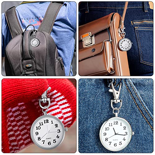 Junkin 2 Pieces Quartz Pocket Watch with Key Buckle Round Keychain Clip on Watch Portable Unisex(Silver)