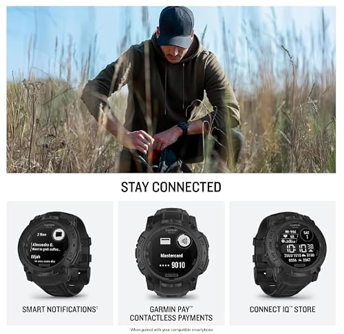 Wearable4U Garmin Instinct 3 Tactical Edition, Solar Charging Display, 45mm, Rugged Outdoor GPS Smartwatch, Applied Ballistics Support, LED Flashlight, Multi-Band GPS Black Earbuds Bundle
