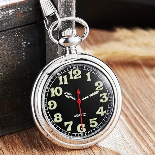 Whodoit Classic Sliver Shiny Arabic Numeral Men's Quartz Pocket Watch, Pocket Watches Gift Quartz Movement for Men with Chain-Sliver