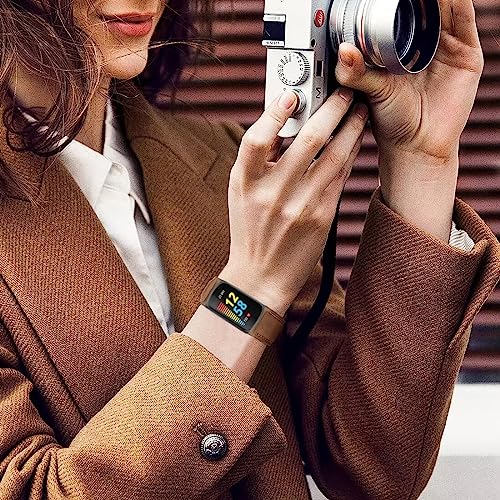 Genuine Leather Bands Compatible for Fitbit Charge 6/ Charge 5 Bands, Classic Replacement Accessories Strap Genuine Leather Wristbands Metal Women Men Retro Walnut