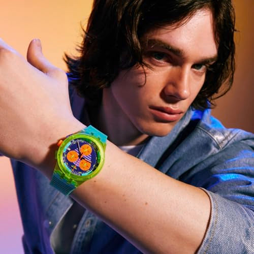 Swatch Chrono 42 Unisex Watch Dress Stainless Steel Multicolor Quartz Waterproof Swatch Neon Wave