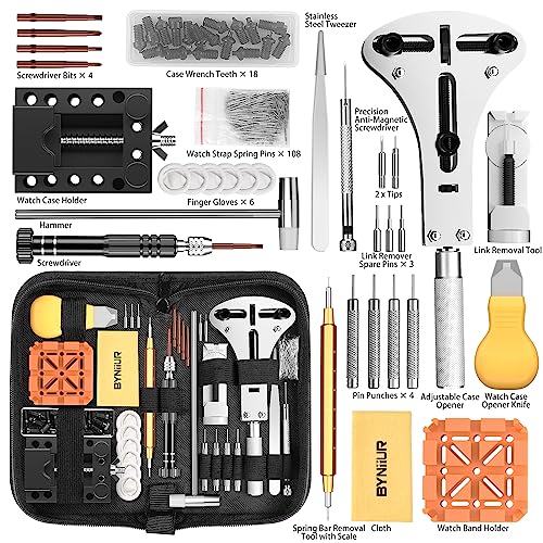 Watch Link Removal Kit, BYNIIUR Watch Repair Kit, Watch Case Opener Spring Bar Tools, Watch Battery Replacement Tool Kit, Watch Band Link Pin Tool Set with Carrying Case and Instruction Manual