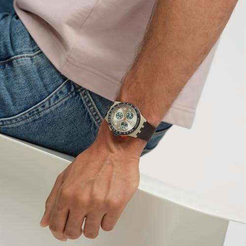 Swatch Chrono 42 Unisex Watch Dress Stainless Steel Beige Quartz Waterproof Obsidian Ink
