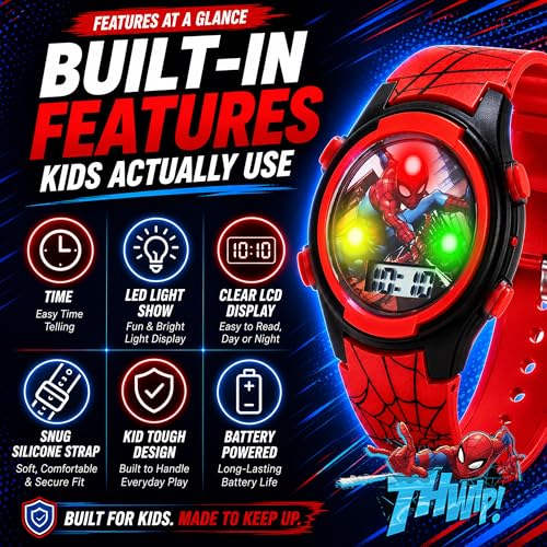 Accutime Marvel Spider-Man Digital Watch for Kids – Durable Plastic Timepiece, LCD Display, Quartz Accuracy, Iconic Spiderman Imagery