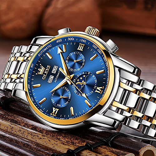 OLEVS Automatic Men Watch Self Winding Mechanical Luxury Dress Moon Phase Stainless Steel Waterproof Luminous Calendar Wrist Watch (Blue)