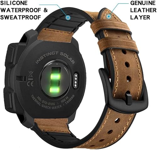 Leather Watch Band for Garmin Instinct/Instinct 2 Solar / Instinct3 45mm, Soft Genuine Leather with Silicone Sweatproof Wrist Strap for Garmin Instinct Tactical/Tide/Esports/Instinct Solar-Max Wrist 8.1"
