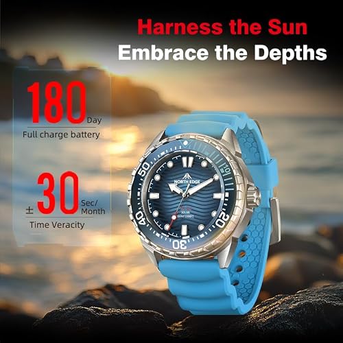 NORTH EDGE Triton Solar Dive Watch, 300M, Blue Silicone Strap