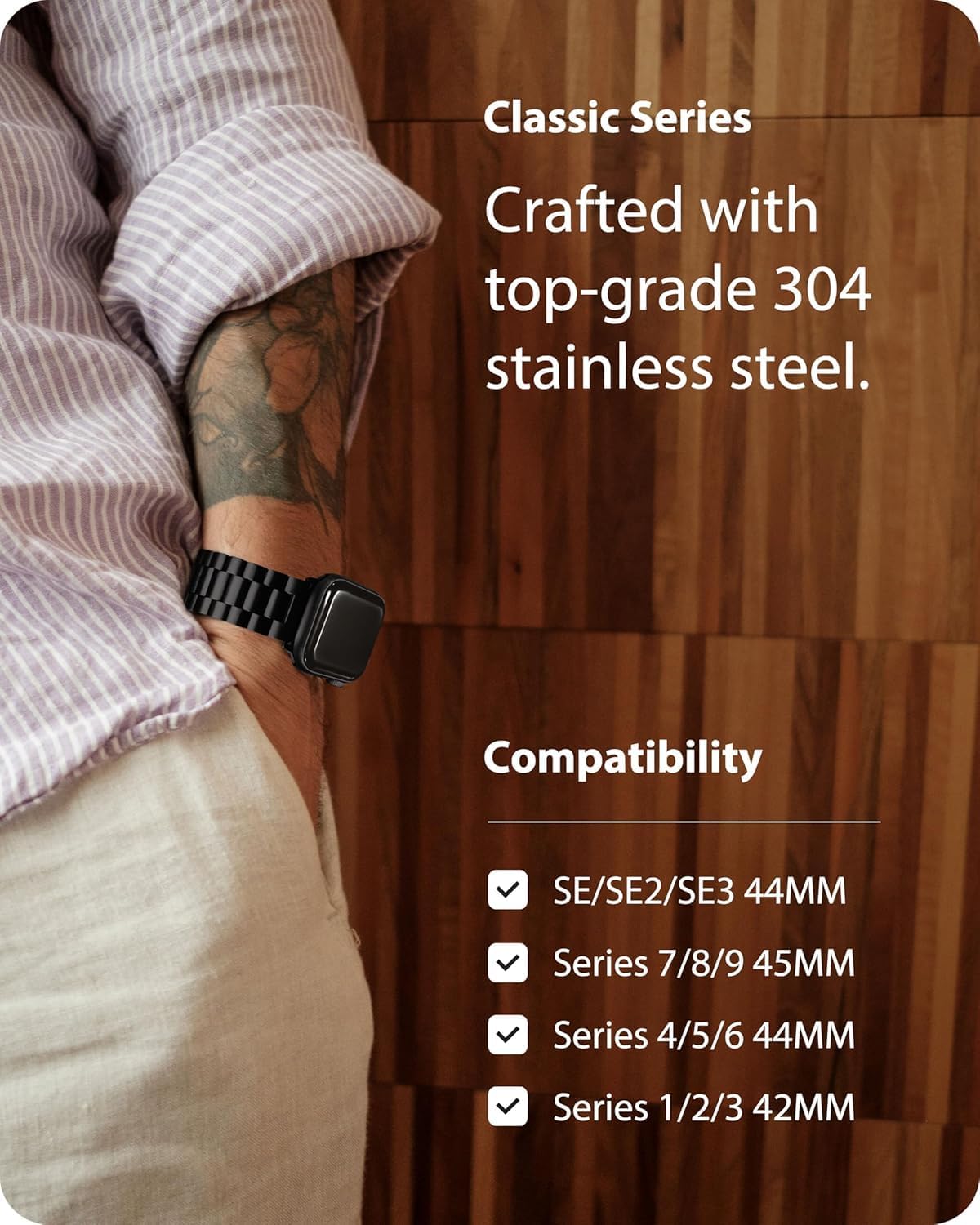 Fullmosa Band Compatible with Apple Watch 44mm 45mm 42mm, Stainless Steel iWatch Band for Apple Watch Se 2 Series 9/8/7/6/5/4/3/2/1(Black, 42mm/44mm/45mm)