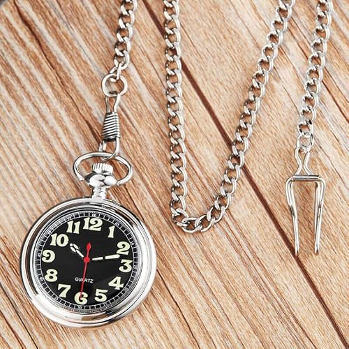 Whodoit Classic Sliver Shiny Arabic Numeral Men's Quartz Pocket Watch, Pocket Watches Gift Quartz Movement for Men with Chain-Sliver