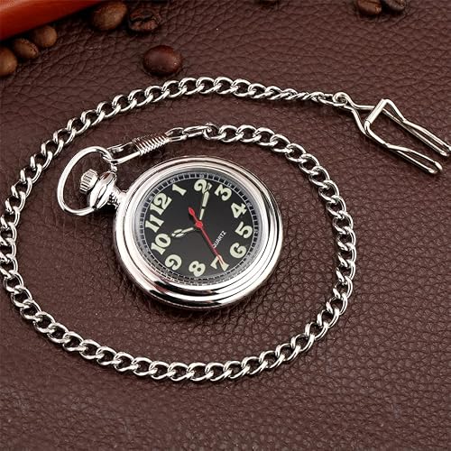 Whodoit Classic Sliver Shiny Arabic Numeral Men's Quartz Pocket Watch, Pocket Watches Gift Quartz Movement for Men with Chain-Sliver