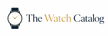 A logo-style graphic for 'The Watch Catalog' on a white background, featuring a simple wristwatch illustration at left and the catalog title in dark navy and gold text at right.